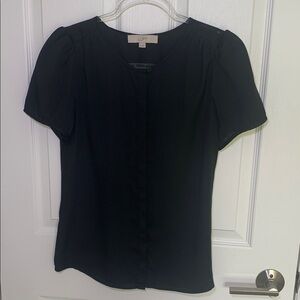 Loft short sleeved black button up collarless blouse size xs